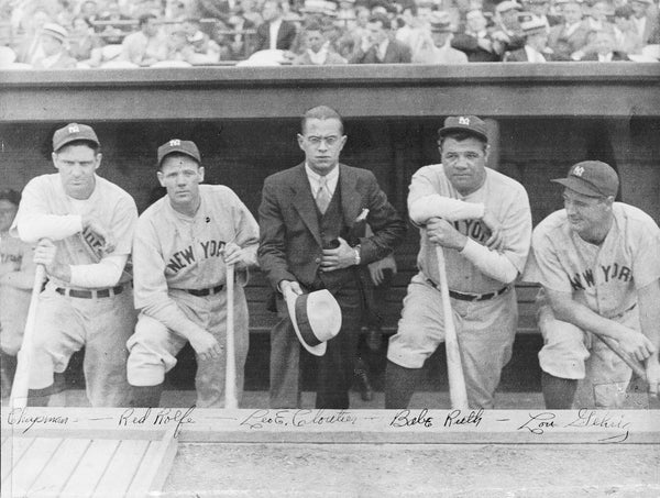 Chapman, Rolfe, Cloutier,  Ruth &  Gehrig 1933 press photo at Fenway Park