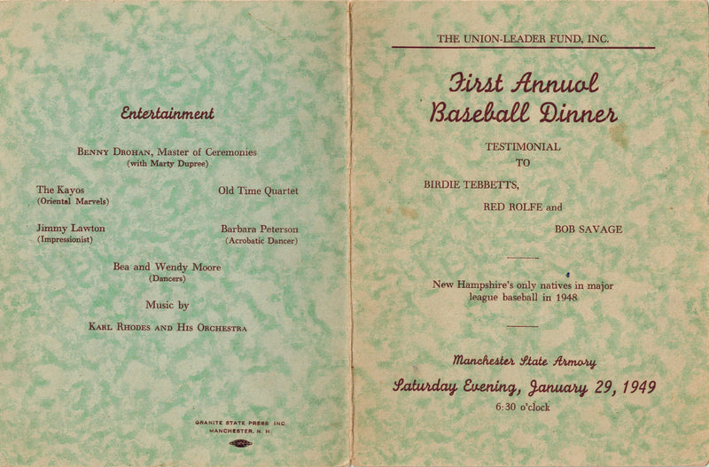 First Annual Baseball Dinner Program - 1949  (scarce!)