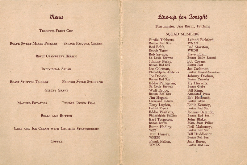 First Annual Baseball Dinner Program - 1949  (scarce!)